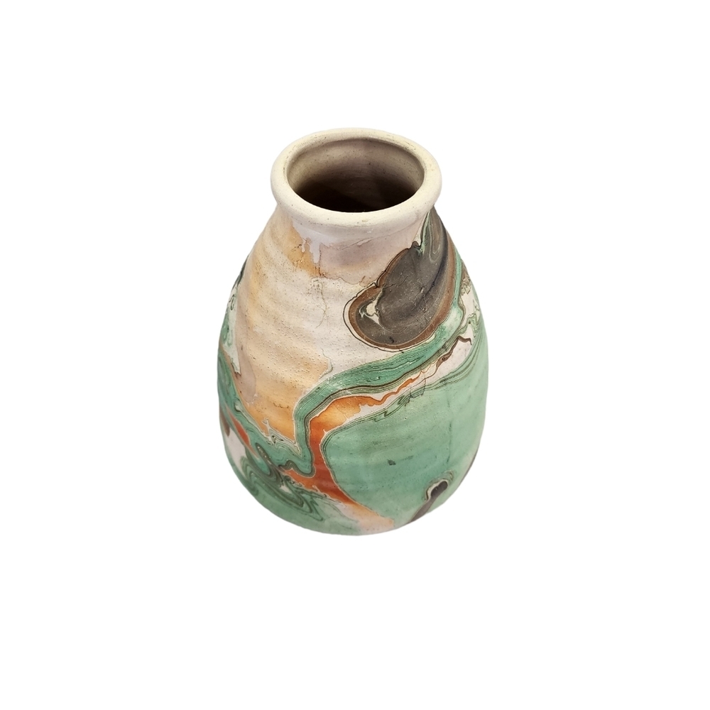 Nemadji Indian Clay Pottery Beehive Vase Shape Green Orange Gray Swirl Pattern - Picture 3 of 15